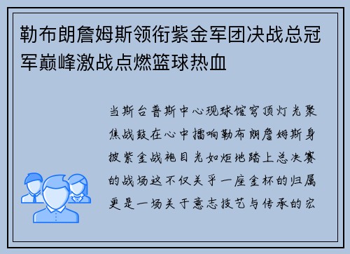 勒布朗詹姆斯领衔紫金军团决战总冠军巅峰激战点燃篮球热血